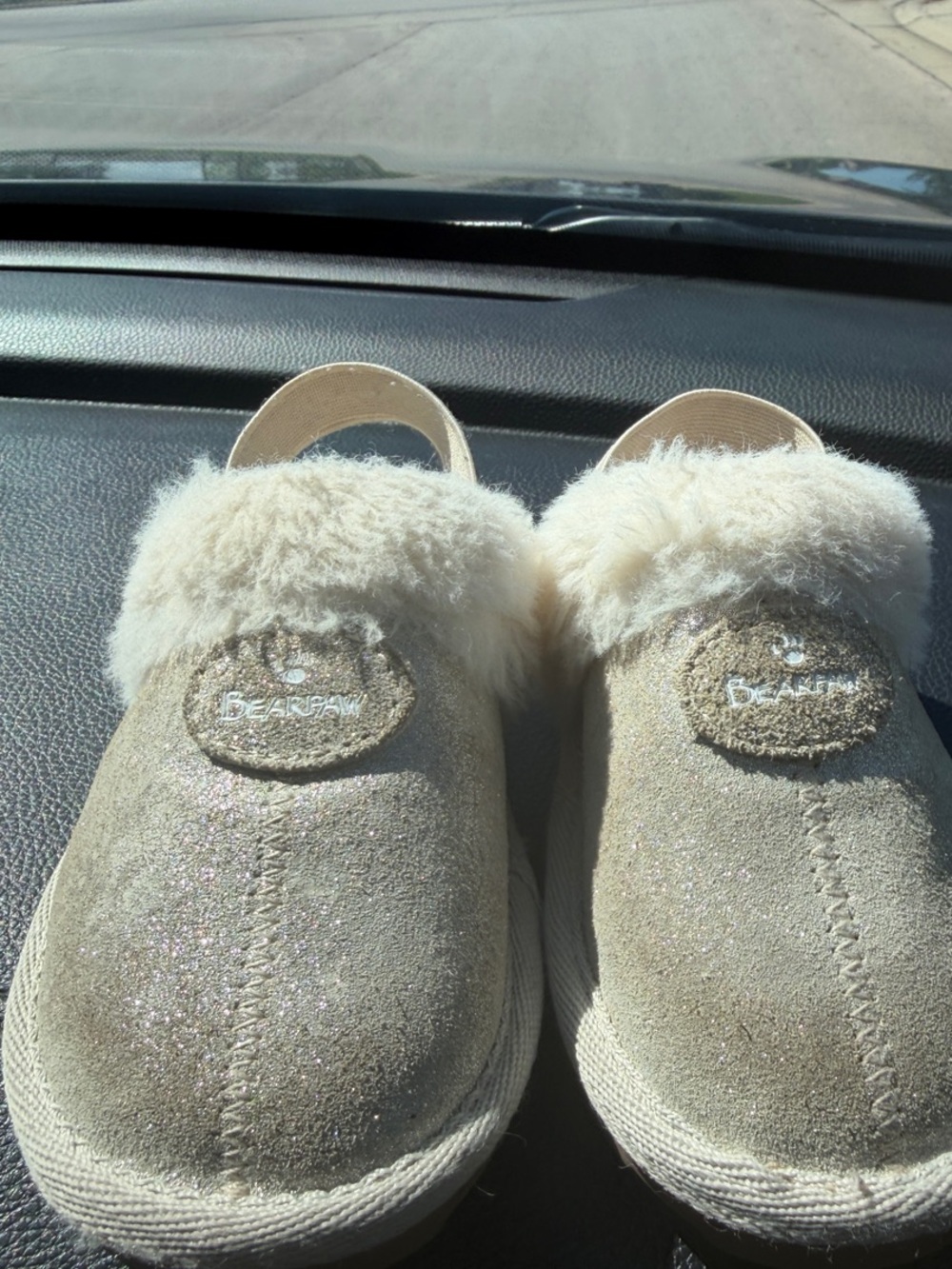 BearPaw Kids Sparkle Faux-Fur Slip-On Slippers in Cream